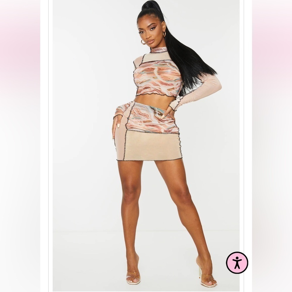 Shape Pink Marble Print Sheer Mesh Panel Detail Crop Top - Small